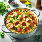 A close-up of One Pot Italian Sausage Risotto in a white bowl, with creamy risotto and golden sausage pieces mixed throughout, garnished with fresh herbs.
