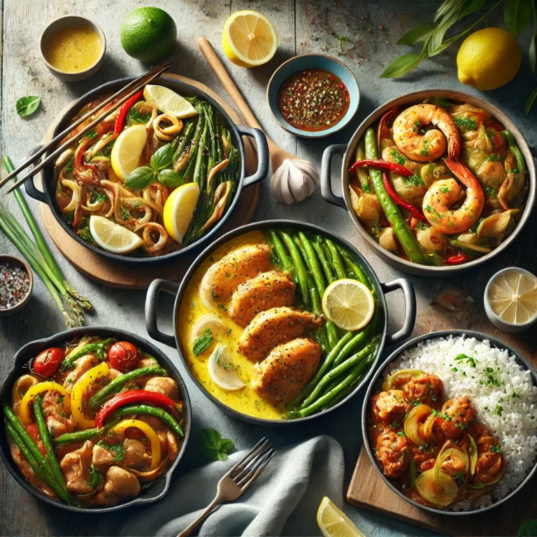 A clean and realistic image of five one-pot meals, including One-Pot Italian Lemon Chicken, One-Pot Thai Green Curry, One-Pot Chicken Fajitas, One-Pot Korean Beef Bowl, and One-Pot Lemon Garlic Shrimp, each served in separate bowls on a rustic table.