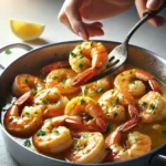 One-Pot Lemon Garlic Shrimp, with a woman holding a spoon to lift juicy shrimp in a glossy lemon-garlic sauce.