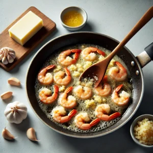 Adding Garlic to Melted Butter" Alt Text: "Minced garlic added to melted butter in a skillet, stirred with a wooden spoon.