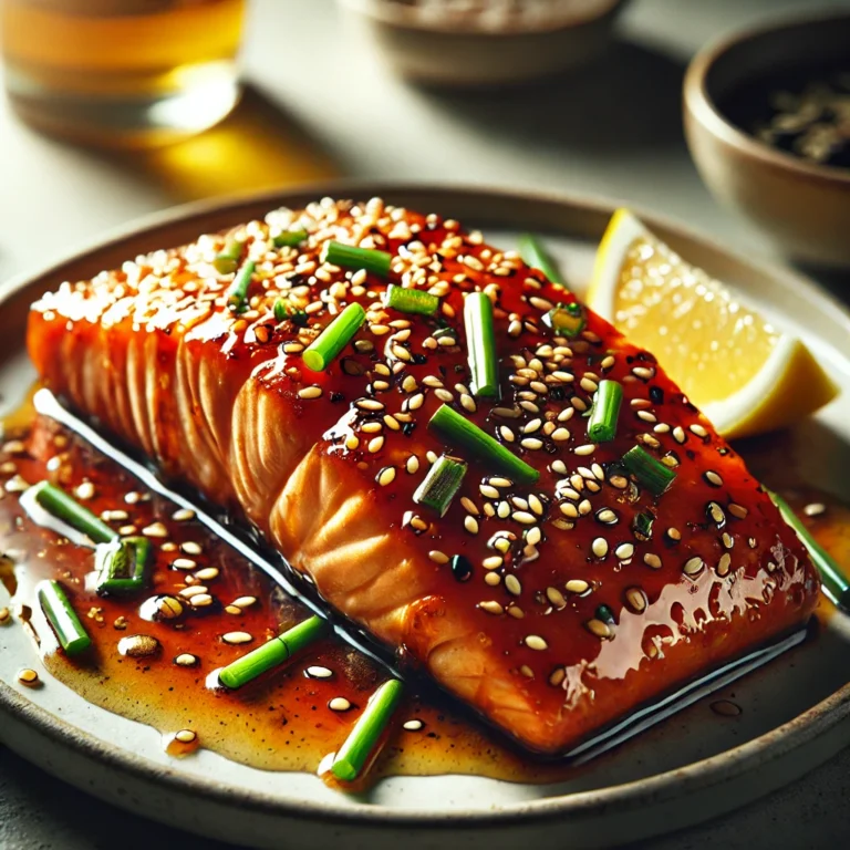 Air-fried honey garlic salmon fillet with a golden-brown glaze, garnished with chives and sesame seeds, served with a lemon wedge and dipping sauce.