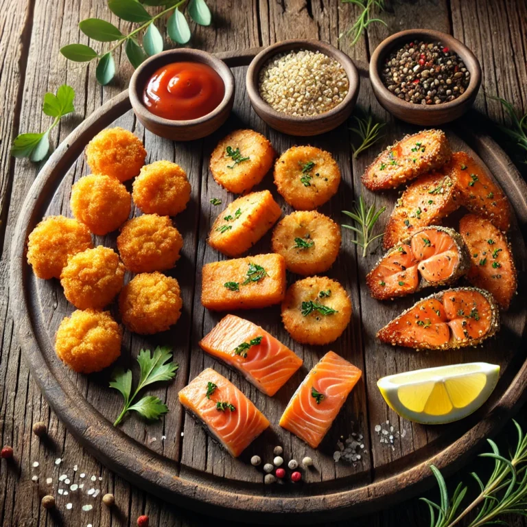 Three styles of air-fried salmon bites on a wooden plate: crispy nuggets, glazed chunks, and herb-seasoned bites with garnishes.