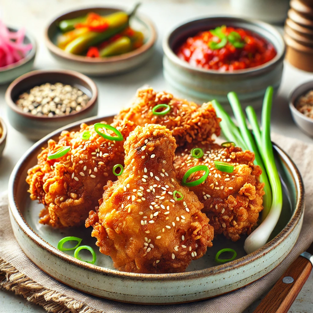 Appetizing crispy Korean fried chicken displayed on a stylish plate with Gochujang sauce and pickled vegetables.
