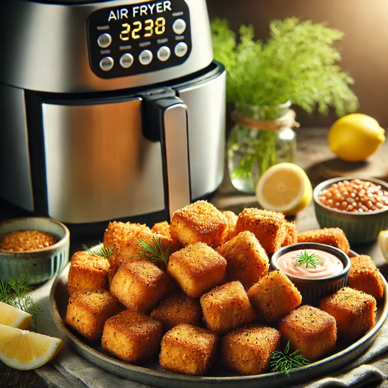 Golden crispy air fryer salmon bites arranged on a plate with lemon wedges, fresh herbs, and a dipping sauce, air fryer in the background.