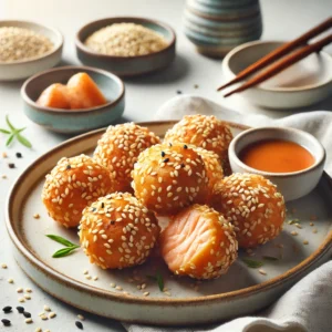 A plate of crispy Asian sesame-crusted salmon bites garnished with sesame seeds and served with dipping sauce.