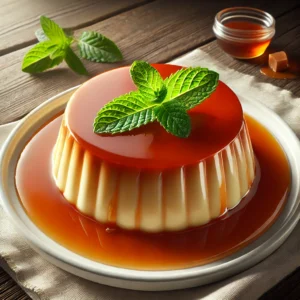 Authentic Mexican Flan served on a white dessert plate with a glossy caramel layer on top and garnished with a mint leaf. The plate has a light drizzle of caramel sauce around the flan.