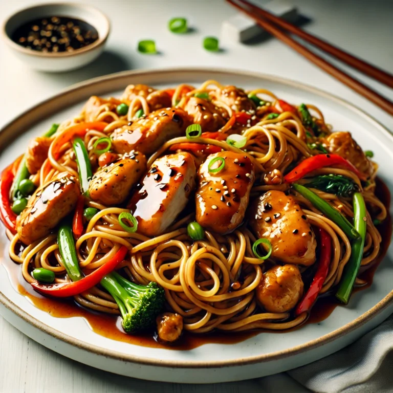 A beautifully plated dish of chicken chow mein with stir-fried noodles, fresh vegetables, and chicken, drizzled with black bean sauce and garnished with green onions.