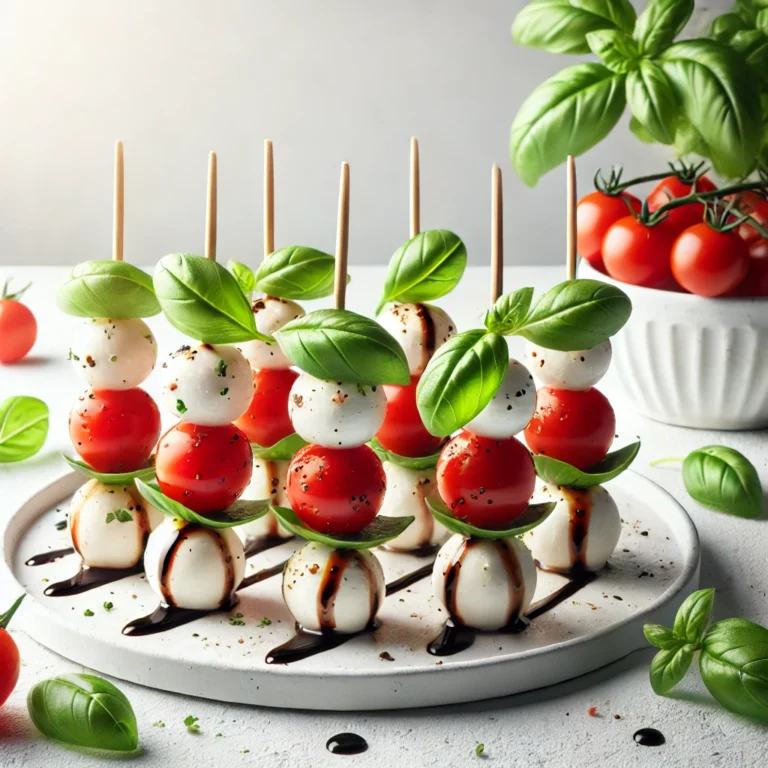 Caprese Skewers with fresh mozzarella, cherry tomatoes, and basil leaves, drizzled with balsamic glaze, arranged neatly on a white table in a minimalist, bright setting.