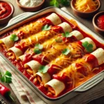Chicken Enchiladas with Red Sauce served in a baking dish, topped with melted cheddar cheese and garnished with fresh cilantro. The dish is set on a wooden table with small bowls of extra red sauce and sour cream on the side.