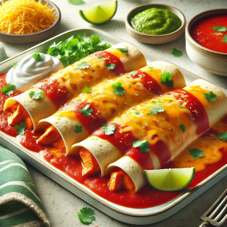 Chicken Enchiladas with Red Sauce served on a white rectangular plate. The enchiladas are topped with melted cheddar cheese and fresh cilantro, accompanied by a side of sour cream and lime wedges.