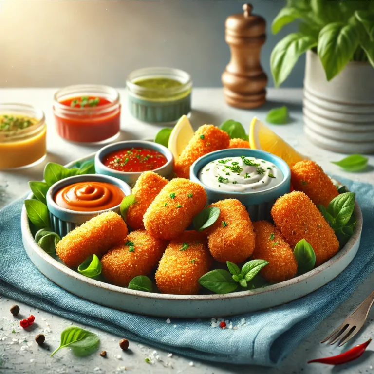 A plate of crispy Classic Fried Salmon Bites garnished with fresh herbs and served with various dipping sauces.