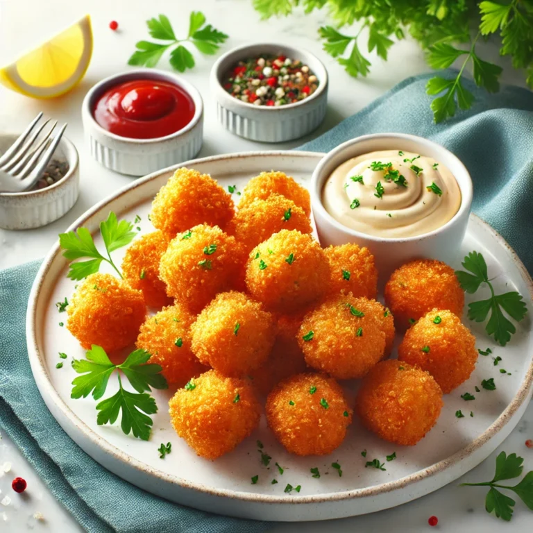 Close-up of Classic Fried Salmon Bites on a plate with herbs and sauces.