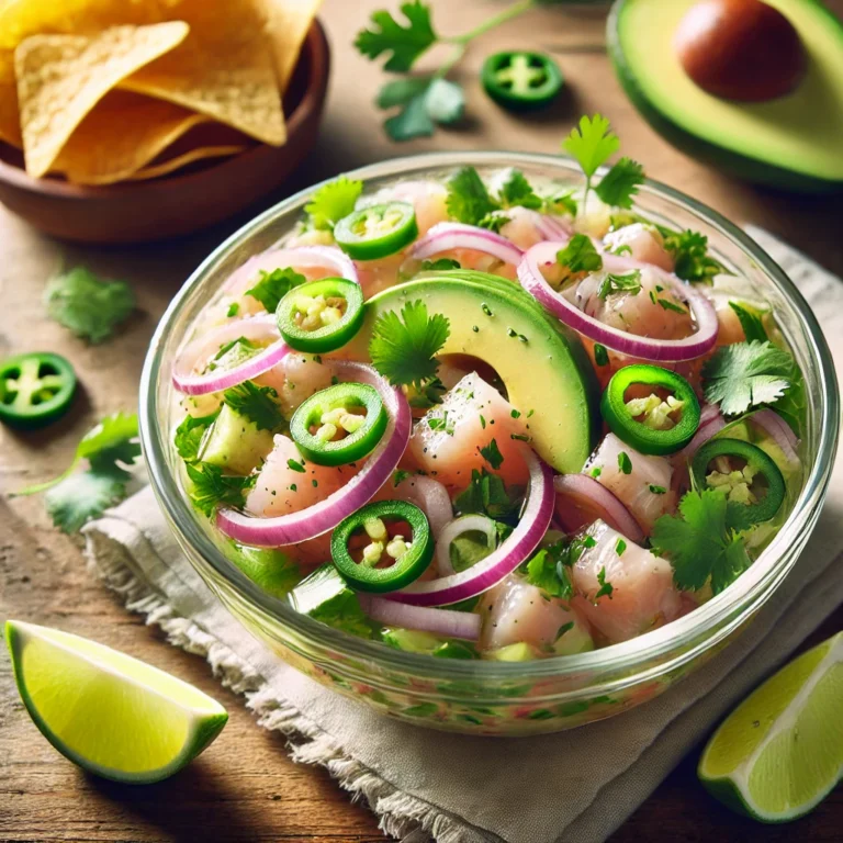 Classic Mexican Ceviche served in a glass bowl with fresh diced fish, avocado, red onions, jalapeños, and cilantro, dressed with fresh lime juice and garnished with lime slices. Tortilla chips are placed on the side for serving.