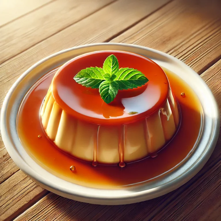 Classic Mexican Flan served on a small white plate with a smooth caramel top layer and a drizzle of caramel sauce. Garnished with a fresh mint leaf for a pop of color.