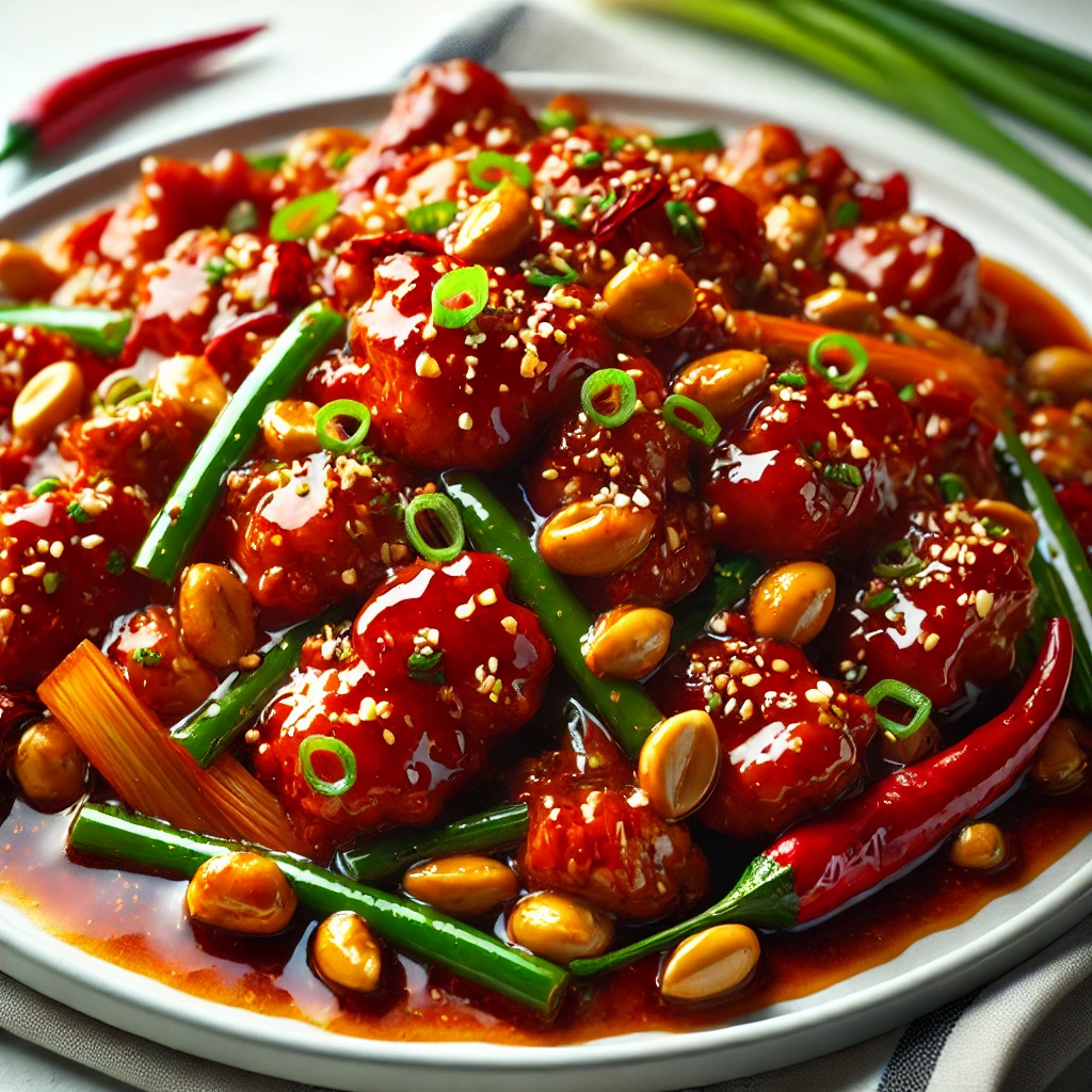 A close-up image of Kung Pao Chicken with Spicy Chili Oil, featuring tender chicken, peanuts, vegetables, and a glossy chili oil sauce, garnished with green onions.