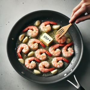 Shrimp added to the skillet with garlic and butter, starting to turn pink.