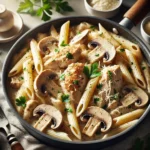 A clean and realistic image of creamy one-pot chicken mushroom pasta with tender chicken, mushrooms, penne pasta, and parsley.