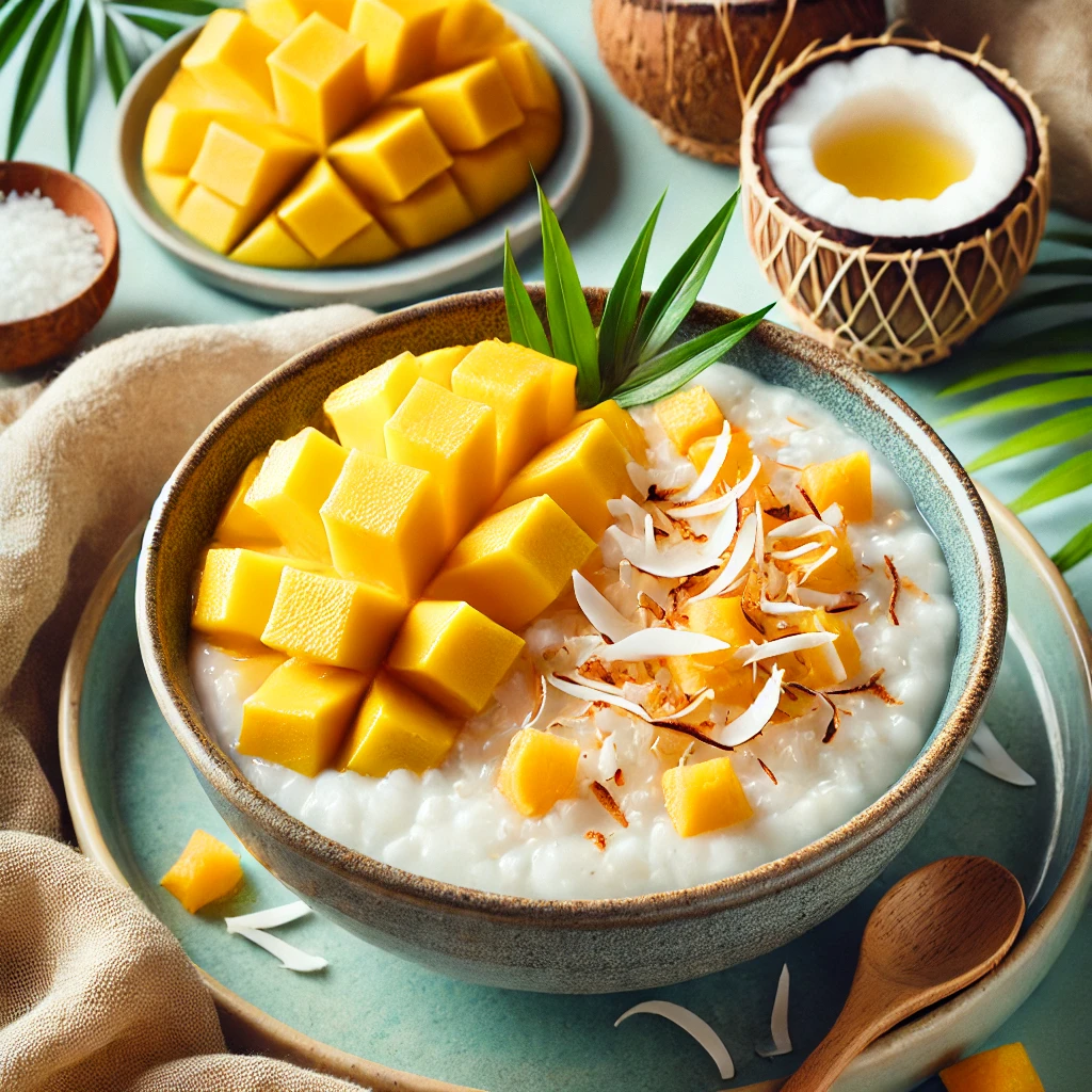 A bowl of Thai Coconut Rice Pudding topped with fresh mango slices and toasted coconut flakes, surrounded by tropical leaves.