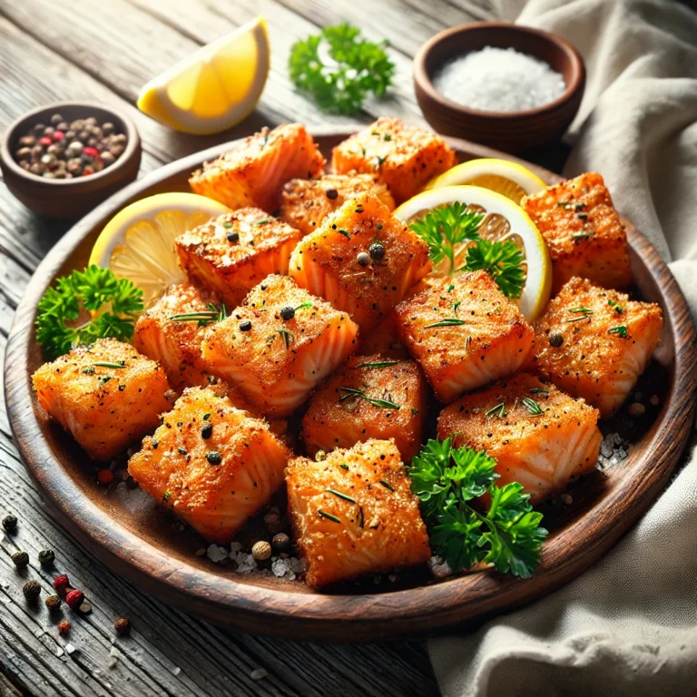 Air-fried salmon chunks with a crispy golden texture, seasoned with salt, pepper, and paprika, served with parsley and lemon.