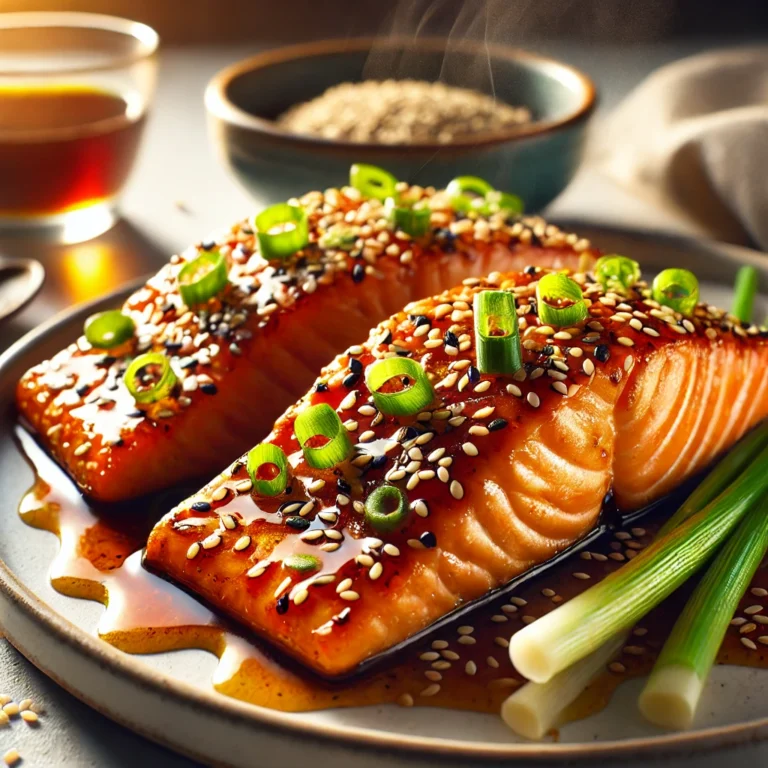 Close-up of crispy honey garlic salmon fillets cooked in an air fryer, garnished with sesame seeds and green onions.