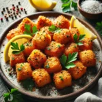 Oven-baked salmon bites with a golden, crispy texture, garnished with fresh parsley and lemon wedges on a rustic plate.