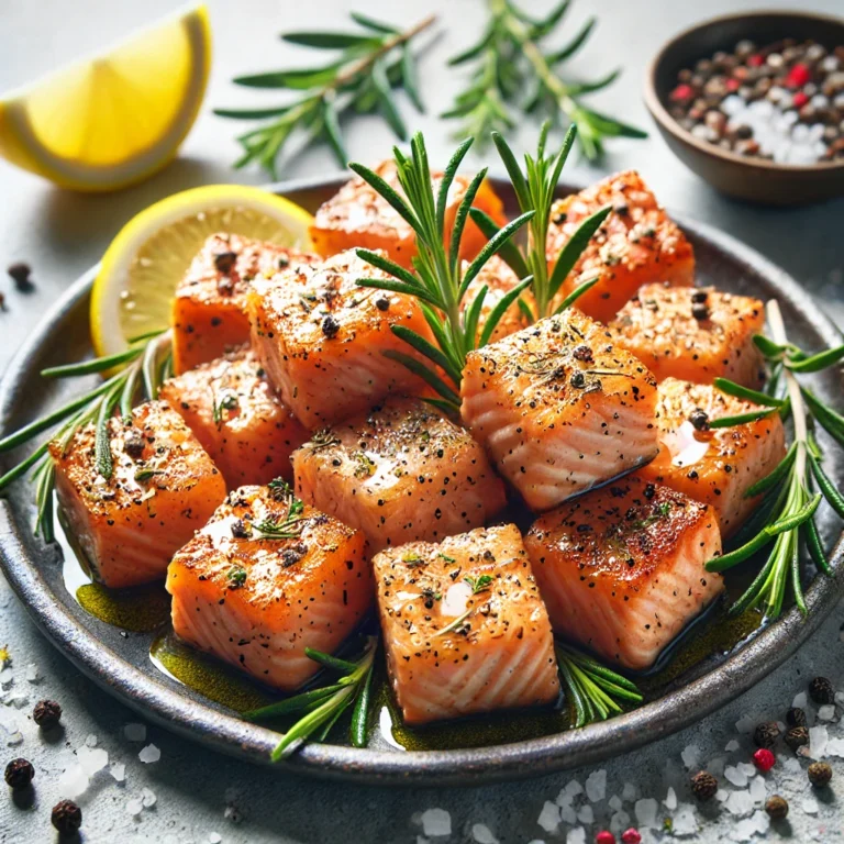 Crispy pan-seared salmon cubes with a golden crust, seasoned with rosemary and thyme, garnished with lemon wedges on a rustic plate