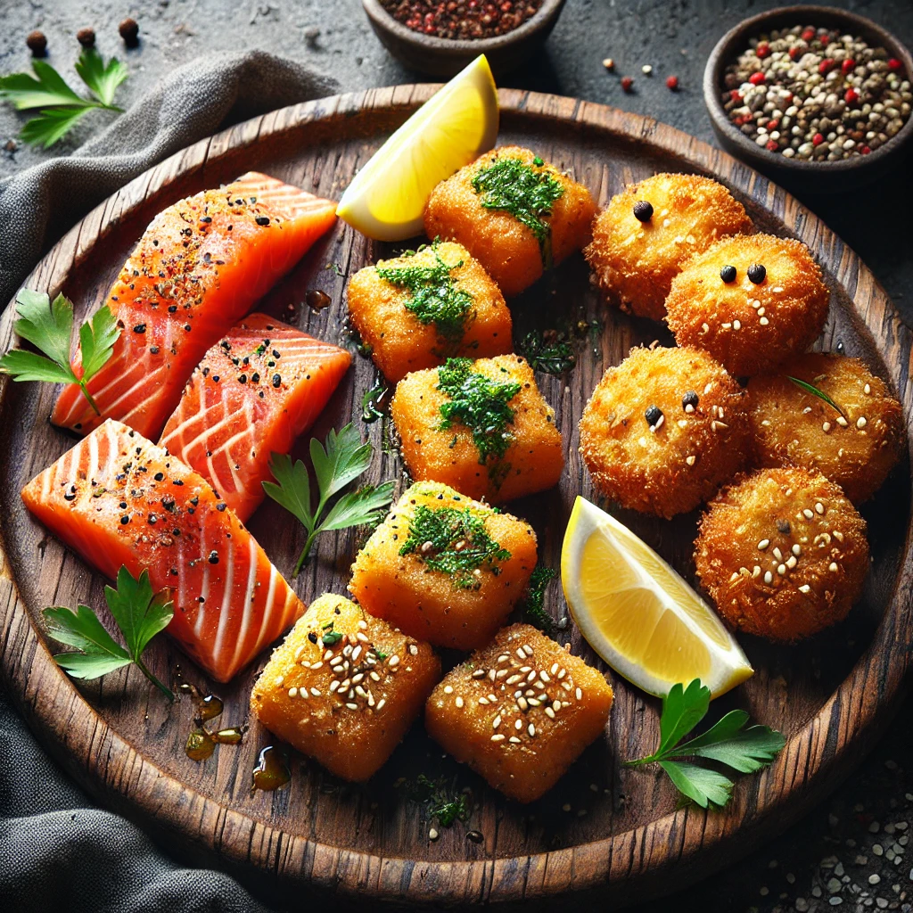 Three styles of crispy salmon bites: oven-baked, pan-seared with herbs, and golden fried with lemon wedges, arranged on a rustic plate.