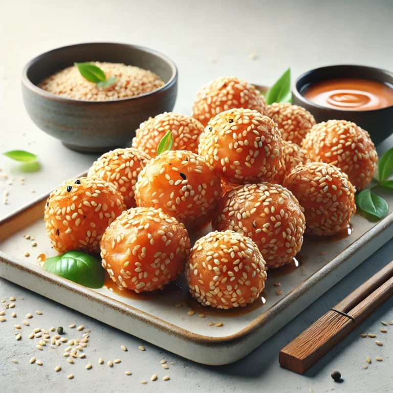 A serving platter of golden brown Asian sesame-crusted salmon bites accompanied by a small bowl of dipping sauce.
