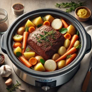 crock pot chuck roast with tender beef, carrots, potatoes, onion, and garlic, cooked to perfection.