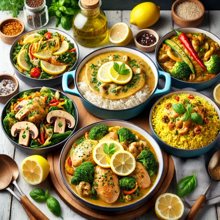 An appetizing display of five dairy-free chicken one-pot meals, including Lemon Herb Chicken, Coconut Curry Chicken, Mushroom Stroganoff, Chicken Fajita Rice, and Cheesy Chicken and Broccoli Rice.