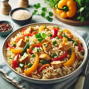 A beautifully arranged plate of Gluten-Free One-Pot Chicken Fajita Rice garnished with fresh cilantro and colorful vegetables.