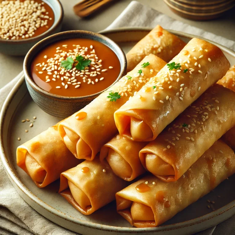 Close-up image of golden spring rolls glistening with a light sheen of oil, served with a small bowl of smooth hoisin peanut sauce and garnished with sesame seeds and herbs.