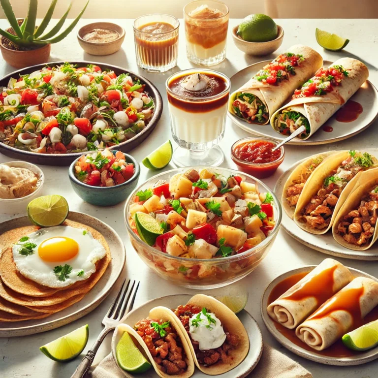 Mexican dishes including Classic Mexican Ceviche in a glass bowl with lime wedges, Vegetarian Mexican Breakfast Burritos on a plate cut in half, Authentic Mexican Tacos with beef, Chicken Enchiladas with Red Sauce topped with melted cheese and cilantro, and a creamy Authentic Mexican Flan with caramel sauce.