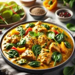 A beautifully arranged plate of One-Pot Coconut Curry Chicken garnished with fresh herbs and surrounded by colorful vegetables.
