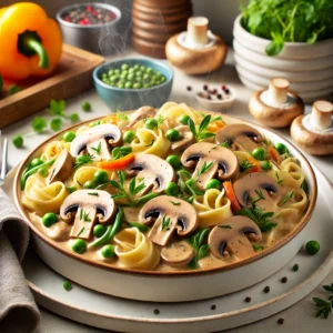 A beautifully arranged plate of One-Pot Mushroom Stroganoff garnished with fresh herbs and surrounded by colorful vegetables.