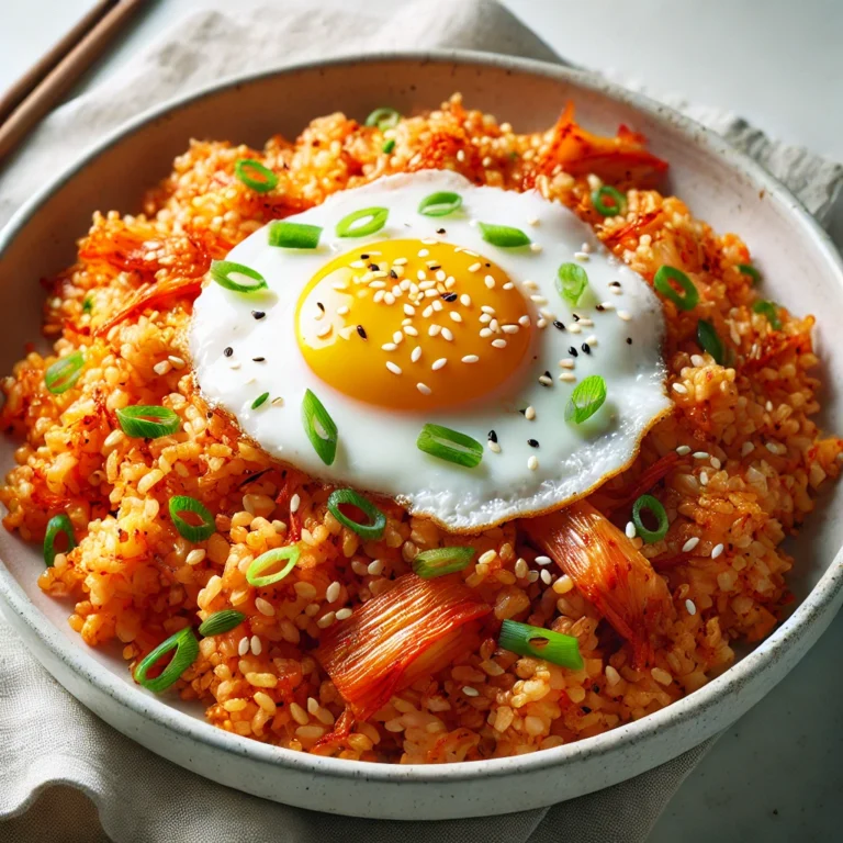 A close-up shot of Easy Kimchi Fried Rice served in a white bowl, topped with a runny fried egg, garnished with green onions and sesame seeds.