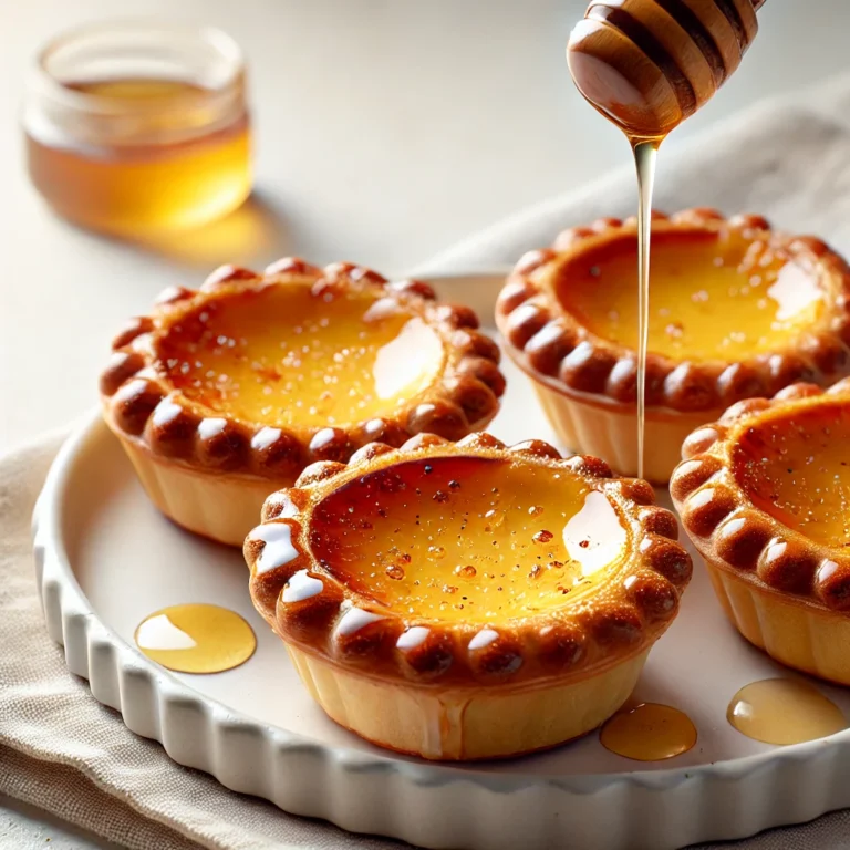 A close-up image of freshly baked Chinese egg tarts with golden flaky crust and creamy custard filling, drizzled with honey ginger syrup.