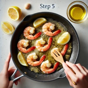 Shrimp flipped in the skillet, cooking in garlic butter sauce with fresh lemon juice