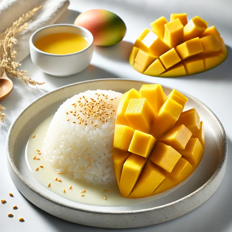 A close-up of a white plate with gluten-free Thai mango sticky rice, showcasing glossy coconut sticky rice paired with vibrant, fresh mango slices and a sprinkle of toasted sesame seeds.