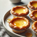 Freshly baked Chinese egg tarts arranged on a plate, with a golden flaky crust and creamy custard filling, drizzled with honey ginger syrup.