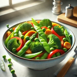 Another view of a bowl of 5-Ingredient Vegan Stir-Fry with vibrant vegetables.