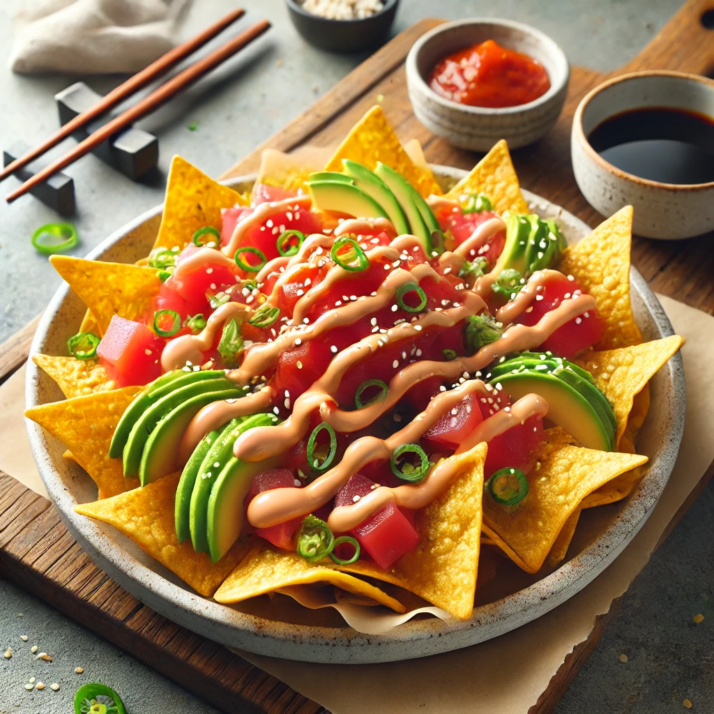 Fusion Sushi Nachos with crispy wonton chips, topped with diced tuna, avocado, and a flowing drizzle of Sriracha Cream. Garnished with sesame seeds and green onions, served with a side of soy sauce.