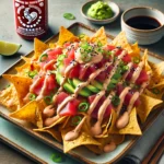Fusion Sushi Nachos served on a ceramic plate with crispy wonton chips topped with diced tuna, avocado, and a natural drizzle of spicy Sriracha Cream. Garnished with green onions and sesame seeds.