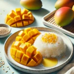 A plate of gluten-free Thai mango sticky rice served with glossy coconut milk sticky rice and fresh, sliced mangoes, lightly garnished with toasted sesame seeds.