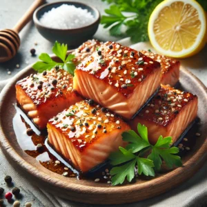 Golden, soy-glazed air-fried salmon chunks, garnished with parsley, sesame seeds, and a lemon wedge on a rustic plate.