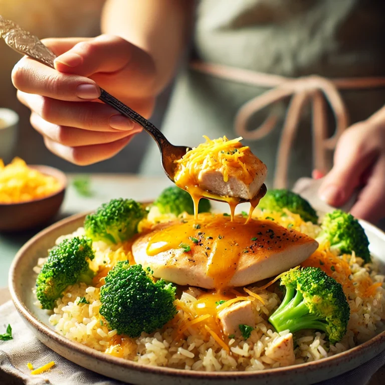 A woman's hand holding a spoon slightly lifting a piece of chicken with golden sauce from a One-Pot Cheesy Chicken and Broccoli Rice dish.