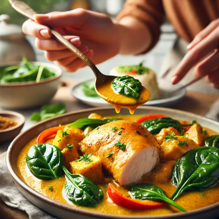 A woman's hand holding a spoon lifting a piece of chicken with golden sauce from a One-Pot Coconut Curry Chicken dish. Caption