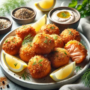 Golden crispy air fryer salmon bites served on a white plate with lemon wedges, fresh herbs, and a dipping sauce in a bright kitchen setting.