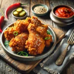 A vibrant plate of crispy Korean fried chicken garnished with sesame seeds and green onions, served with spicy Gochujang sauce and pickled vegetables.
