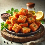 Golden, crispy air-fried salmon chunks seasoned with olive oil, salt, pepper, and paprika, garnished with parsley and lemon.